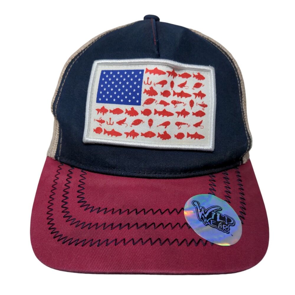 Wild Wear Fish American Flag Patch Snapback Trucker Hat Multi OSFM Mesh Back